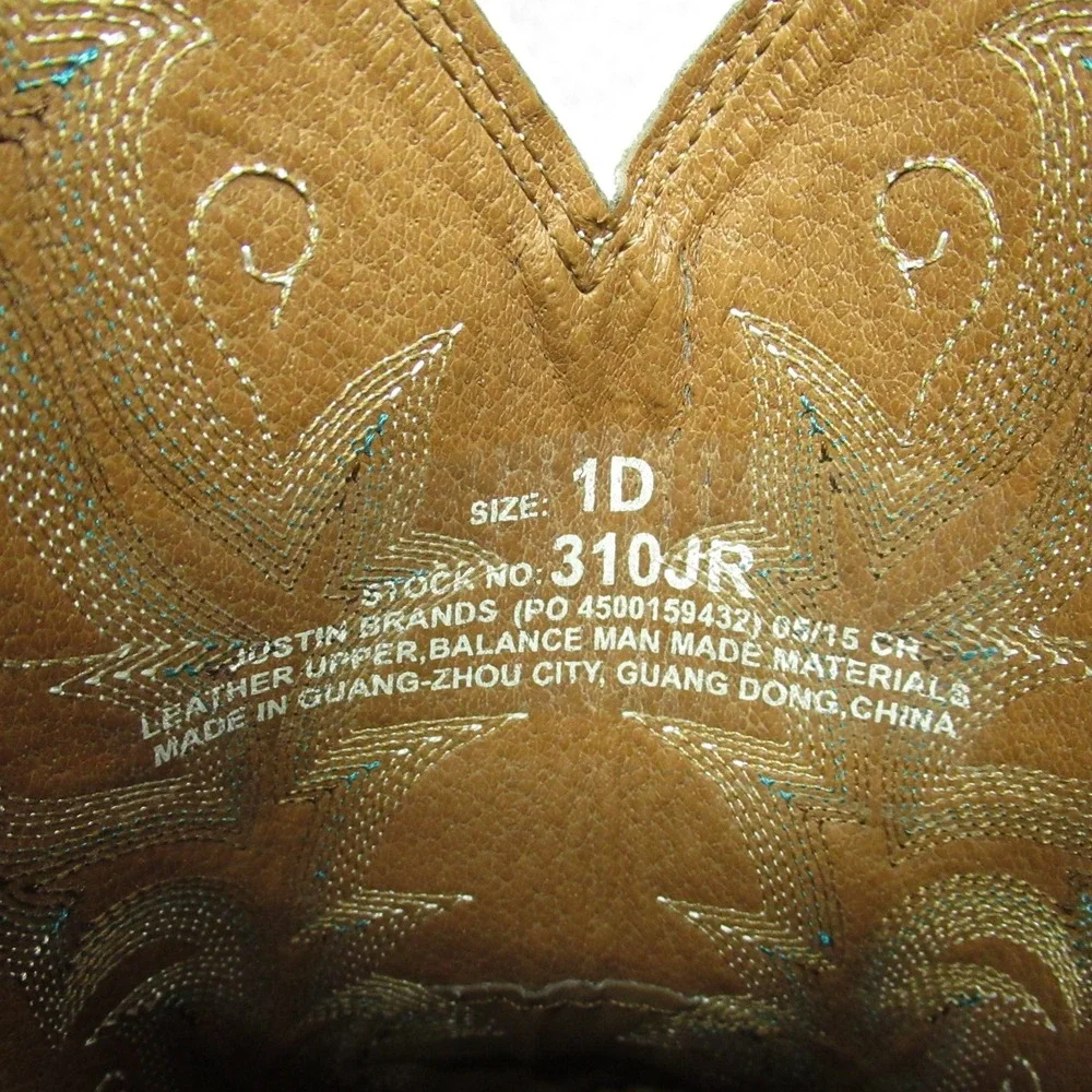 Justin Cowboy Boot Youth 1D Square Toe Brown Turquoise Western Embroidery Riding